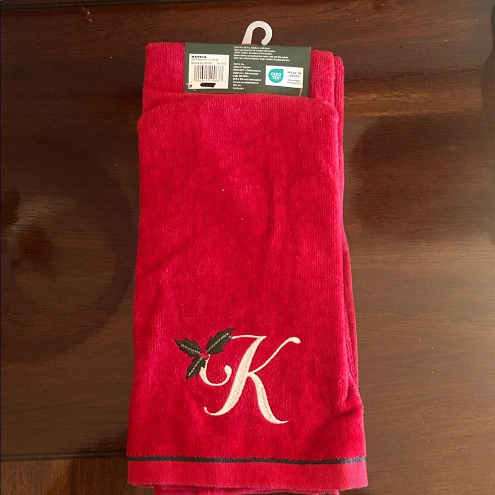 Red Monogrammed Hand Towel Set, Letter ‘K’ with Holly Accent, New with Tags